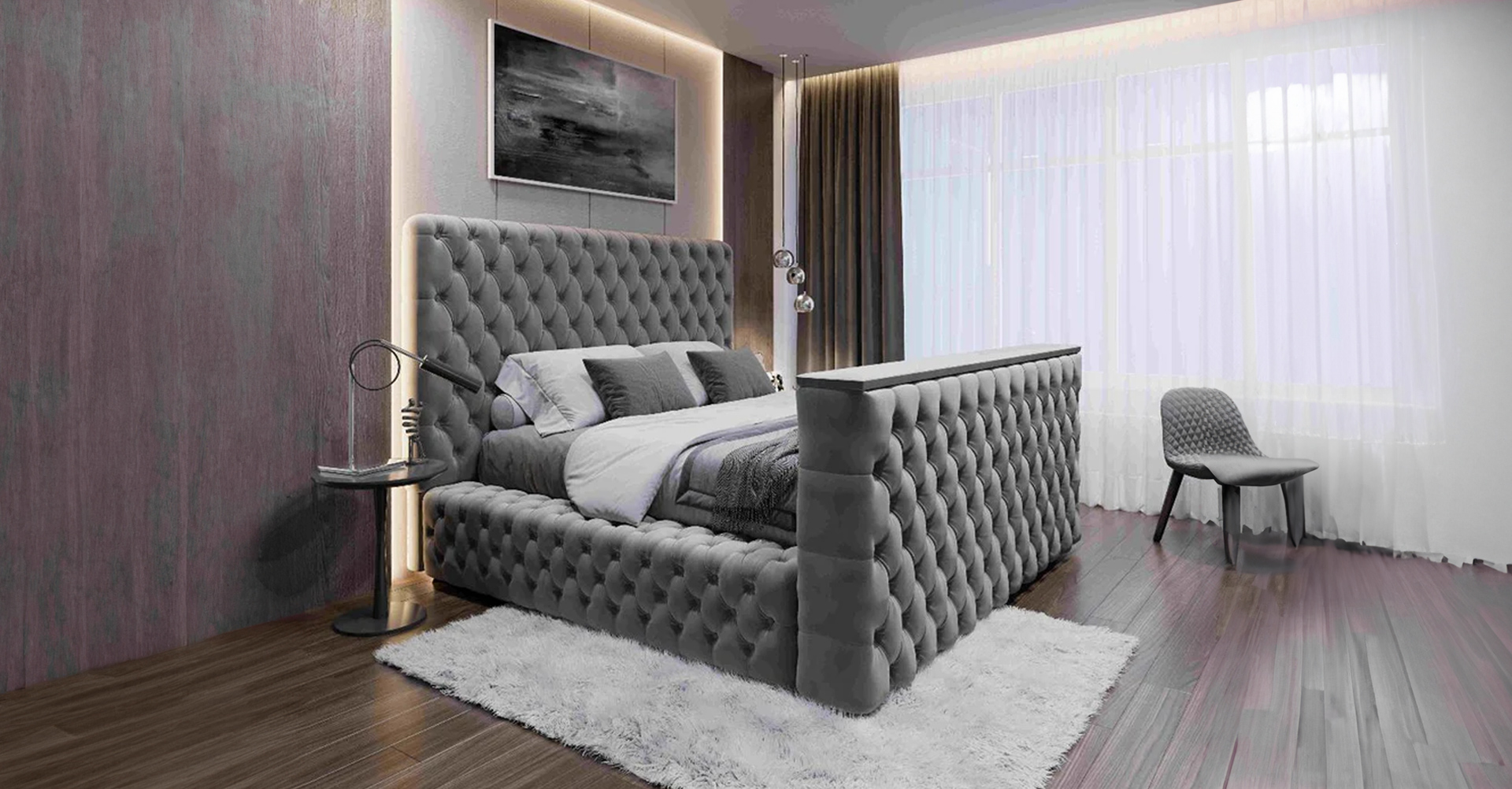 Large Gray Tufted Bed, Modern Chair, Window, Lamp